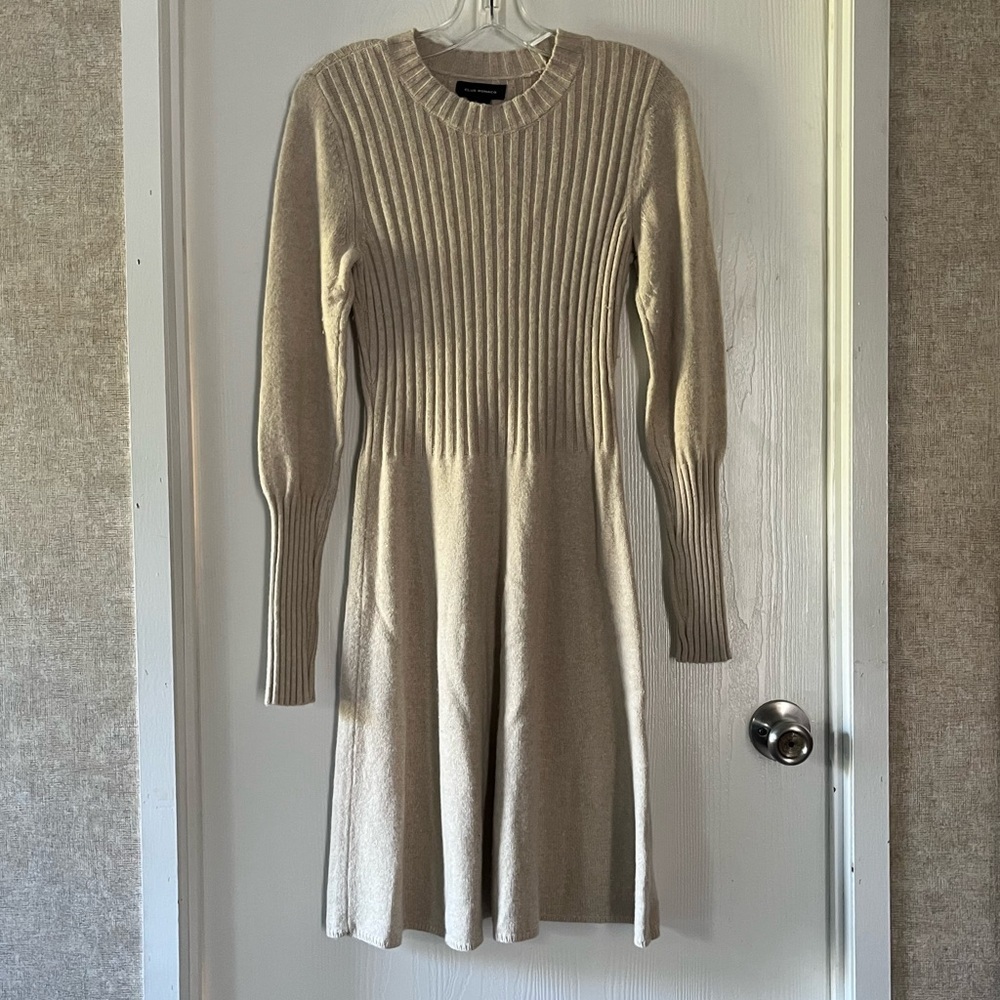 Club Monaco Part-Wool Beige Long Sleeve Knit Dress - Picture 2 of 9